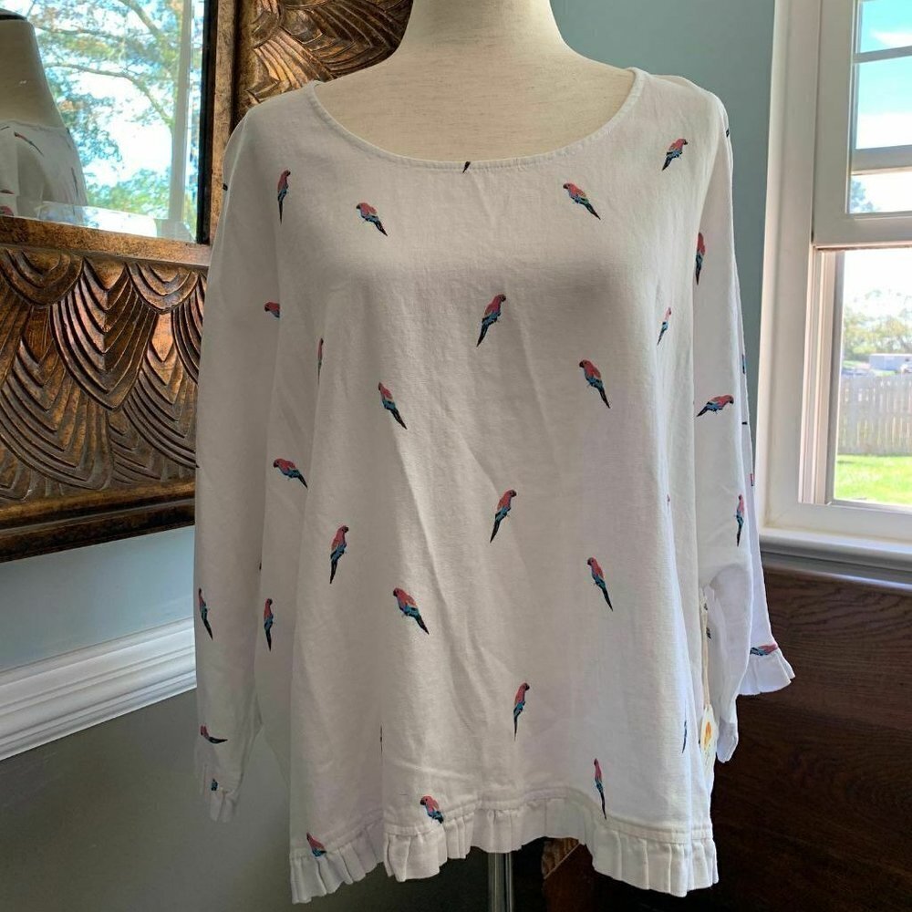 - C&C California Womens Pullover Top Tropical Bird Print Scooped Neck Ruff…